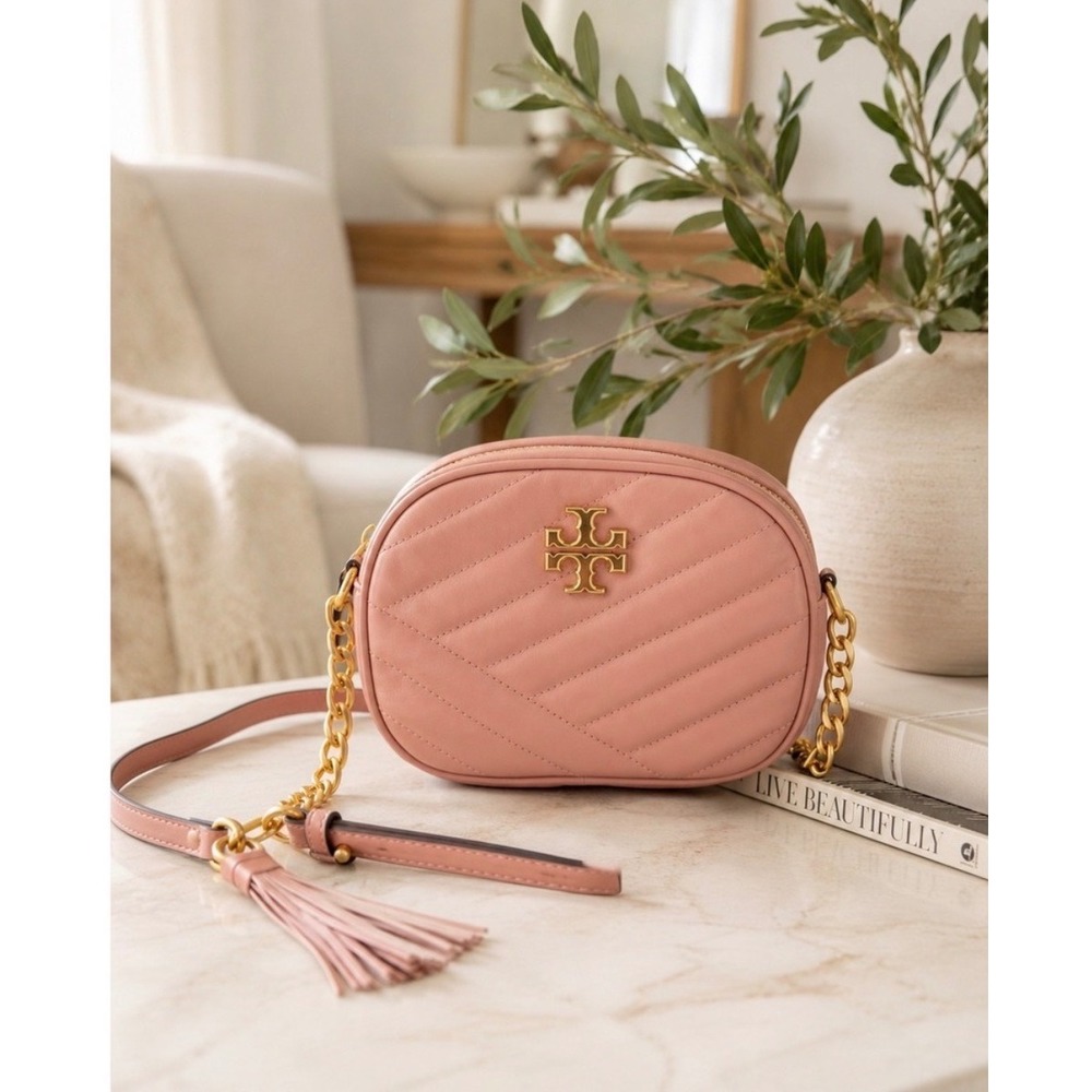 Tory Burch Kira Chevron Small Camera Bag Pink Moon Quilted Leather Crossbody